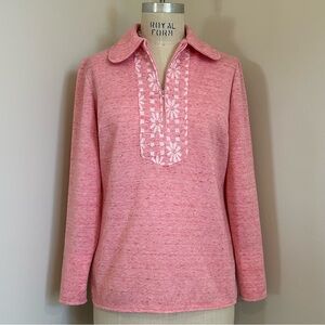 VTG 70s H Bar C Pink Half Zip Sweater Space Dyed Floral Groovy Boho Western Sz L